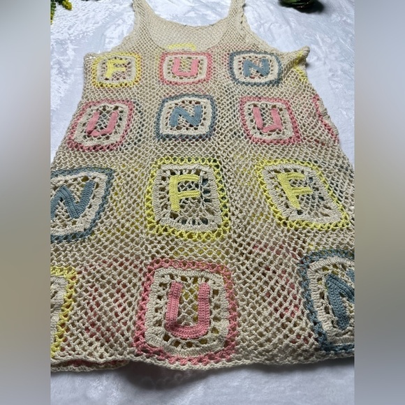 Wildfox Sabrina Fun Granny Square Crochet Mini Dress Cover-up in Cream Pastel - Picture 8 of 14